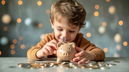coins jingle playfully in a child's piggy bank, sparks of financial responsibility and future saving ignited - obrazy, fototapety, plakaty