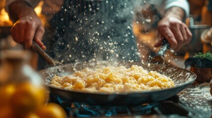 Close-up man cooking healthy pasta for his family in his home kitchen in a small frying pan dish with vegetables on stove - obrazy, fototapety, plakaty