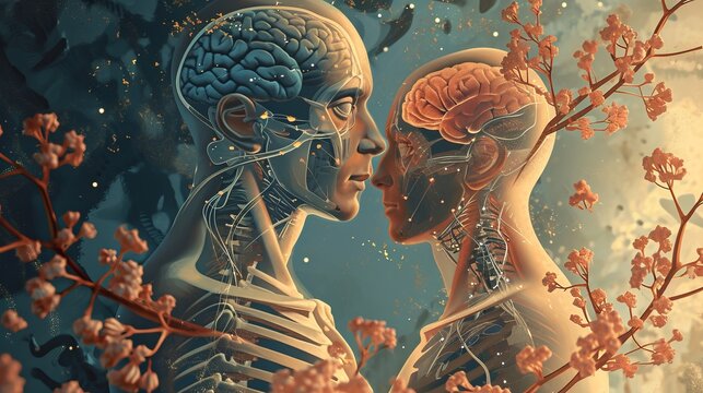 Parallel Genetic Memory Illustration Showing Two Human Profiles with Exposed Brains and Neural Connections Amidst Blossoming Branches