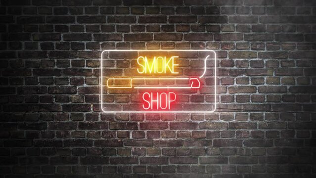 Smoke shop neon signboard on bricks wall background. Cigarrete on a neon signboard for smoke shop with yellow and red neon colors. 