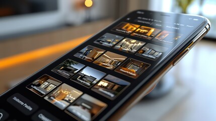 a smartphone screen displaying a sleek real estate app, showcasing interactive property listings with high-resolution images and virtual tours