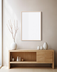 Empty blank frame  on top of a wood cupboard, minimal interior, wall print