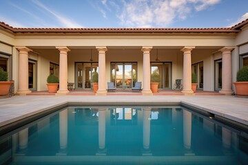reflection pool in a tranquil courtyard with stone columns - obrazy, fototapety, plakaty