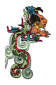Kukulkan, the Vision Serpent, a deity of Maya mythology. Closely related to the Aztec Quetzalcoatl. Classic Maya vision as depicted at Yaxchilan, a divine serpent with human head and hand in mouth.