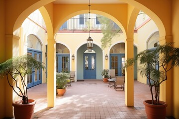 arched doorways leading into a shaded courtyard