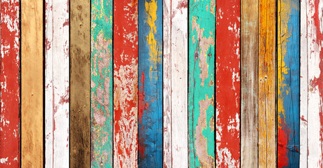 Texture of vintage wood boards with cracked paint of white, red, yellow and blue color. Horizontal retro background with wooden planks of different colors