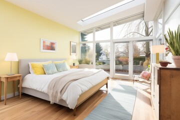 bedroom with large windows showcasing a private garden