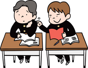 教室の机を並べた隣同士の学生