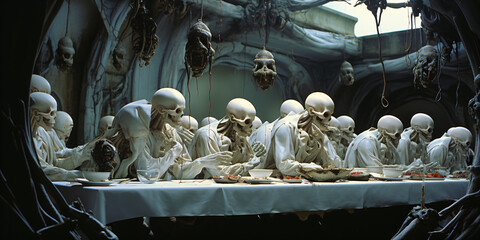 skeletons at a table - disillusionment and irrationality, absurdity and nonsense, surreal fantasy world