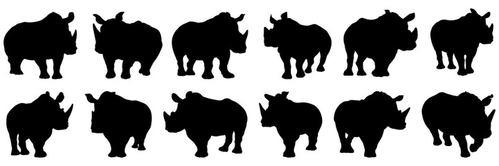 Rhino silhouettes set, large pack of vector silhouette design, isolated white background
