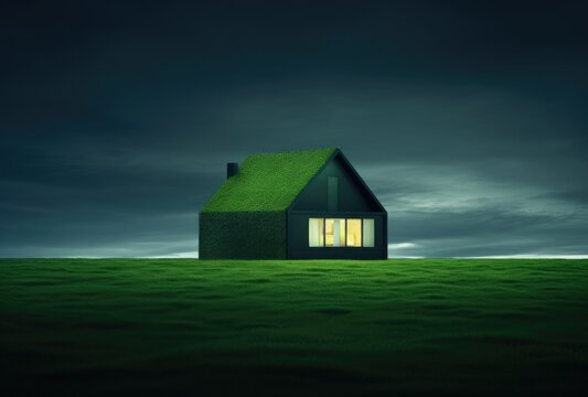 The concept of eco-friendliness embodied in a simple, minimalist house surrounded by vibrant green grass.