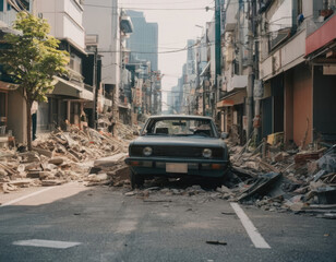 Fototapeta premium Ai illustration of an Asian town after an Earthquake