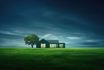 An environmentally conscious and minimalistic dwelling harmoniously positioned on a backdrop of green grass. - obrazy, fototapety, plakaty