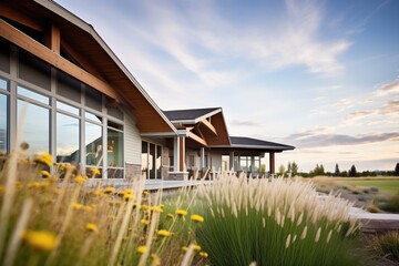 prairie landscape with ecofriendly house and oversized eaves