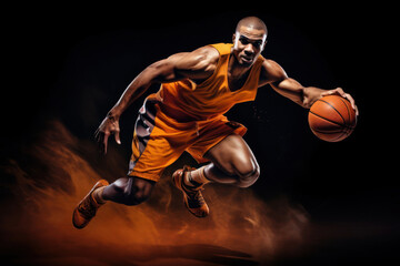 Jumping young man, male basketball player with ball in orange powder on black background. Olympic games.