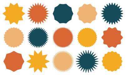 Fototapeta premium Set of vector starburst, sunburst badges. Different color. Simple flat style Vintage labels. Design elements. Colored stickers. A collection of different types and colors icon. 11:11