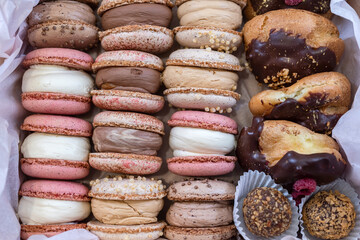French cake sweet macaroons in box, sweet and colorful dessert.
