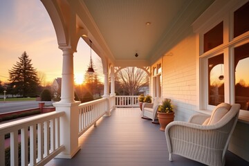 inviting wide veranda on a shingle style house during sunset - obrazy, fototapety, plakaty