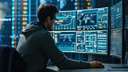 Fototapeta premium a man working on a monitor and screen displaying intricate lines of code