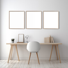 Three empty wall arts hang on the wall in a reading room mockup, minimal room with desk and chair, table lamp, indoor plants,