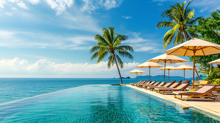 Tropical hotel view. Beautifull luxury swimming pool near beach front with amazing ocean view and...