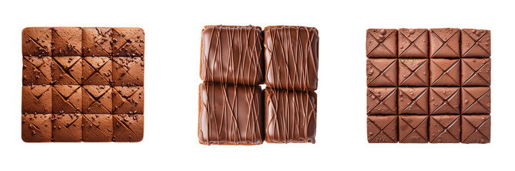 Obraz premium Set of square-shaped chocolate cookies top view isolated on a transparent background