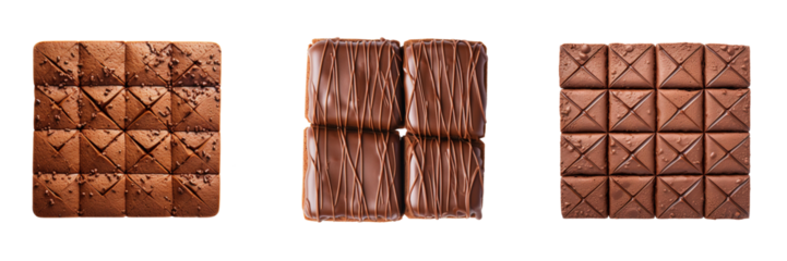 Set of square-shaped chocolate cookies top view isolated on a transparent background
