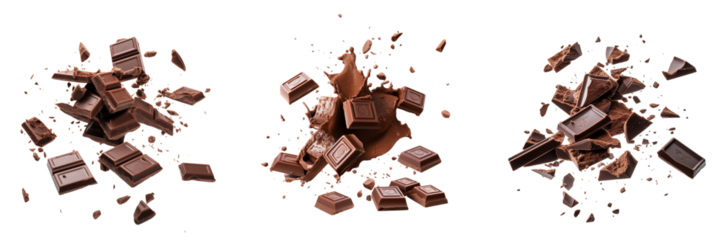 Set of delicious chocolate pieces in the air isolated on a transparent background