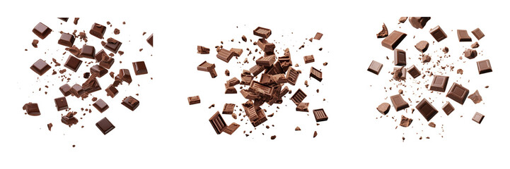 Set of delicious chocolate pieces in the air isolated on a transparent background