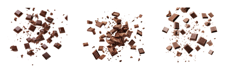 Set of delicious chocolate pieces in the air isolated on a transparent background