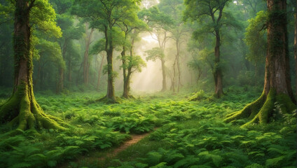 Obraz premium A concept landscape illustration of a green forest shining by the sunlight. Nature, Lush, Sun-rays, Trees and grass