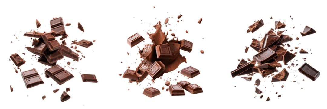 Set of delicious chocolate pieces in the air isolated on a transparent background