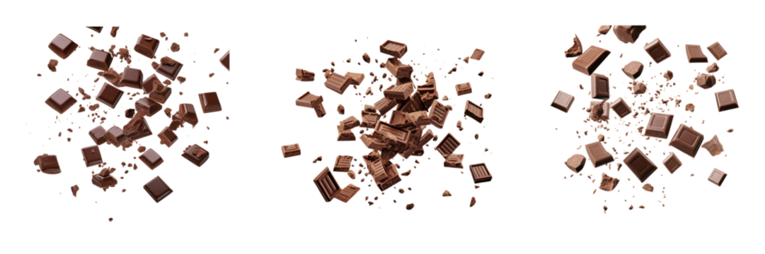 Set of delicious chocolate pieces in the air isolated on a transparent background