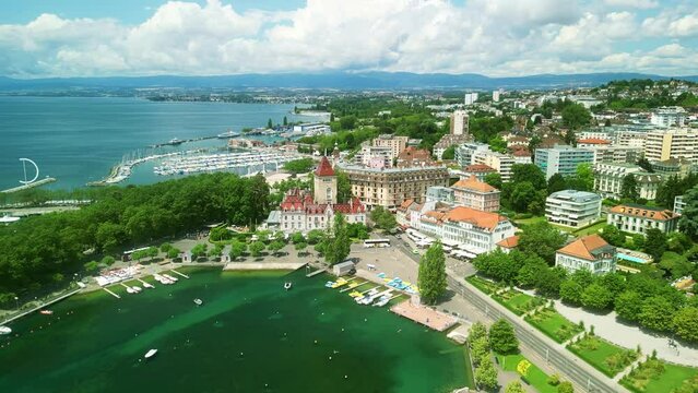 Drone Switzerland 4k. Lac Leman, Lausanne old town. Beautiful excursion cruise on Lake Geneva in summer. 
