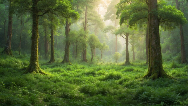 A concept landscape illustration of a green forest shining by the sunlight. Nature, Lush, Sun-rays, Trees and grass, Generative Ai