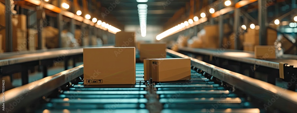 Poster rows of cardboard box packages for e-commerce delivery are efficiently managed by a conveyor belt in