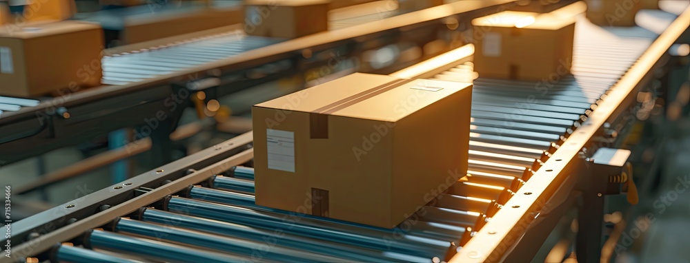 Poster rows of cardboard box packages for e-commerce delivery are efficiently managed by a conveyor belt in