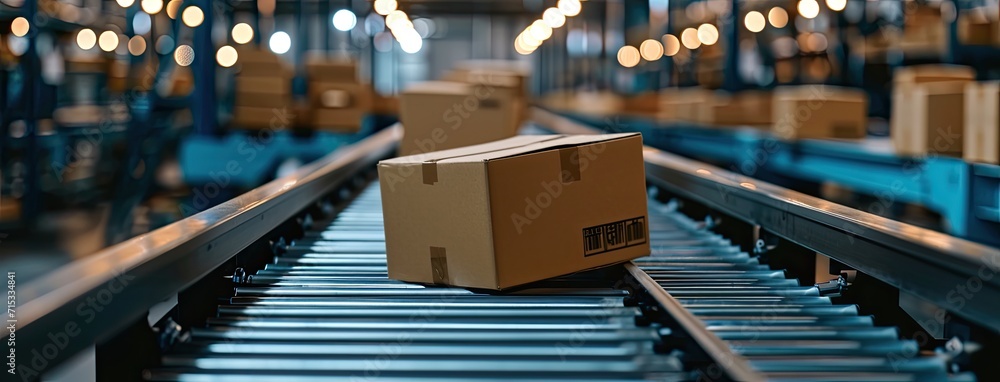 Poster rows of cardboard box packages for e-commerce delivery are efficiently managed by a conveyor belt in