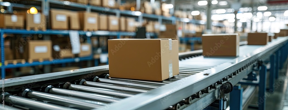 Poster rows of cardboard box packages for e-commerce delivery are efficiently managed by a conveyor belt in