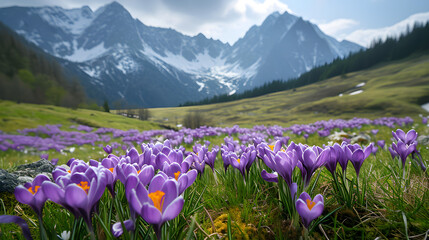 Beautiful mountains with purple crocuses at the foot of the mountain