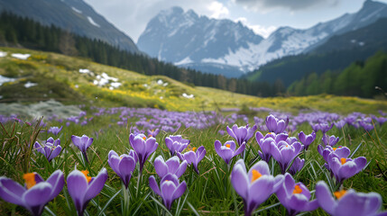 Mountainous area with lilac crocuses at the foot of the mountain