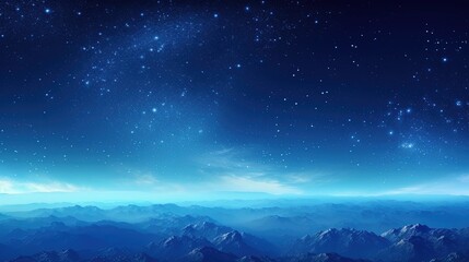 Fototapeta premium Abstract Dreamy Background Wallpaper Template of Outer Space Planet Land Nebula Sparkling Stars Stardust Galaxy Universe Astro Cosmos Milky Way Panorama Night Sky Fantasy Colorful Blue Tone 16:9