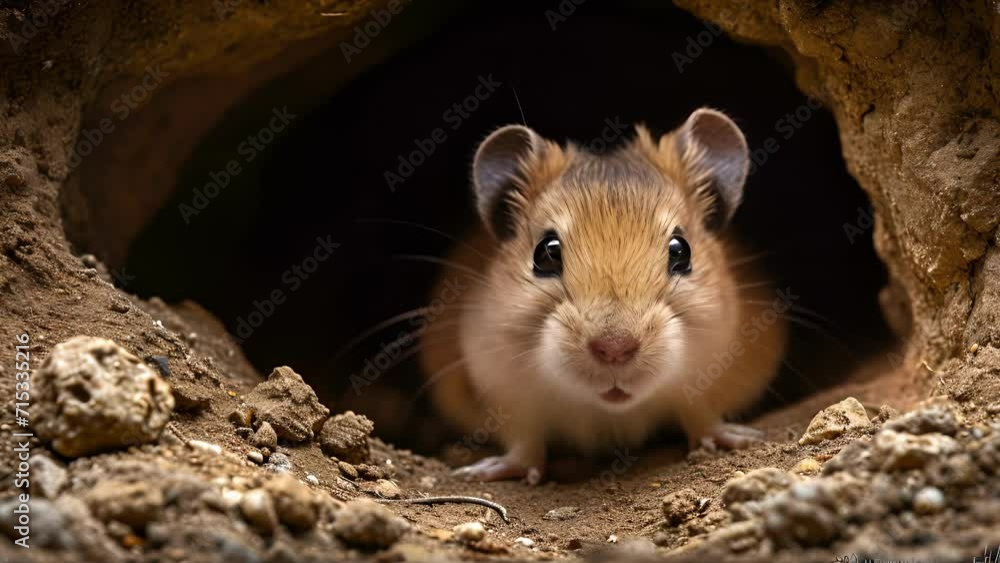 Poster closeup of a fluffy mongolian gerbil nestled inside its partially covered burrow taking a moment to 