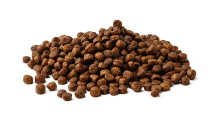Heap of dry cat food isolated on white background