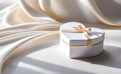 Heart-shaped gift box, nestled on a backdrop of smooth white silk, Valentine's Day, Christmas. Generative AI