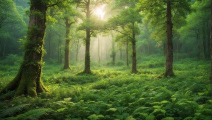 Fototapeta na wymiar A concept landscape illustration of a green forest shining by the sunlight. Nature, Lush, Sun-rays, Trees and grass, Generative Ai