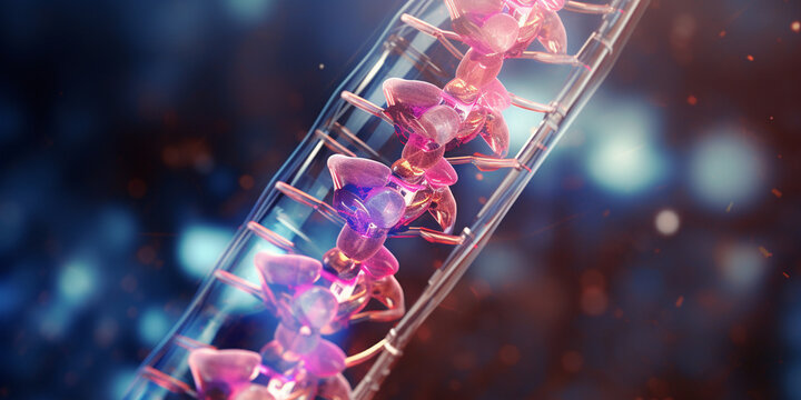 A DNA strand in a blue background in the style of light, 