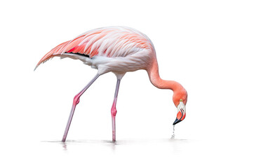 Naklejka premium Delicate Balance of Nature as a Pink Flamingo Seeks Food in Shallow Pools on a White or Clear Surface PNG Transparent Background.