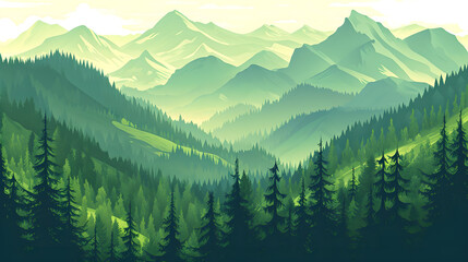 Mountainous beautiful area with green coniferous trees - obrazy, fototapety, plakaty