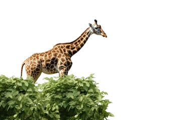Obraz premium Majestic Giraffe Grazing on Lush Leaves in the African Wilderness on a White or Clear Surface PNG Transparent Background.